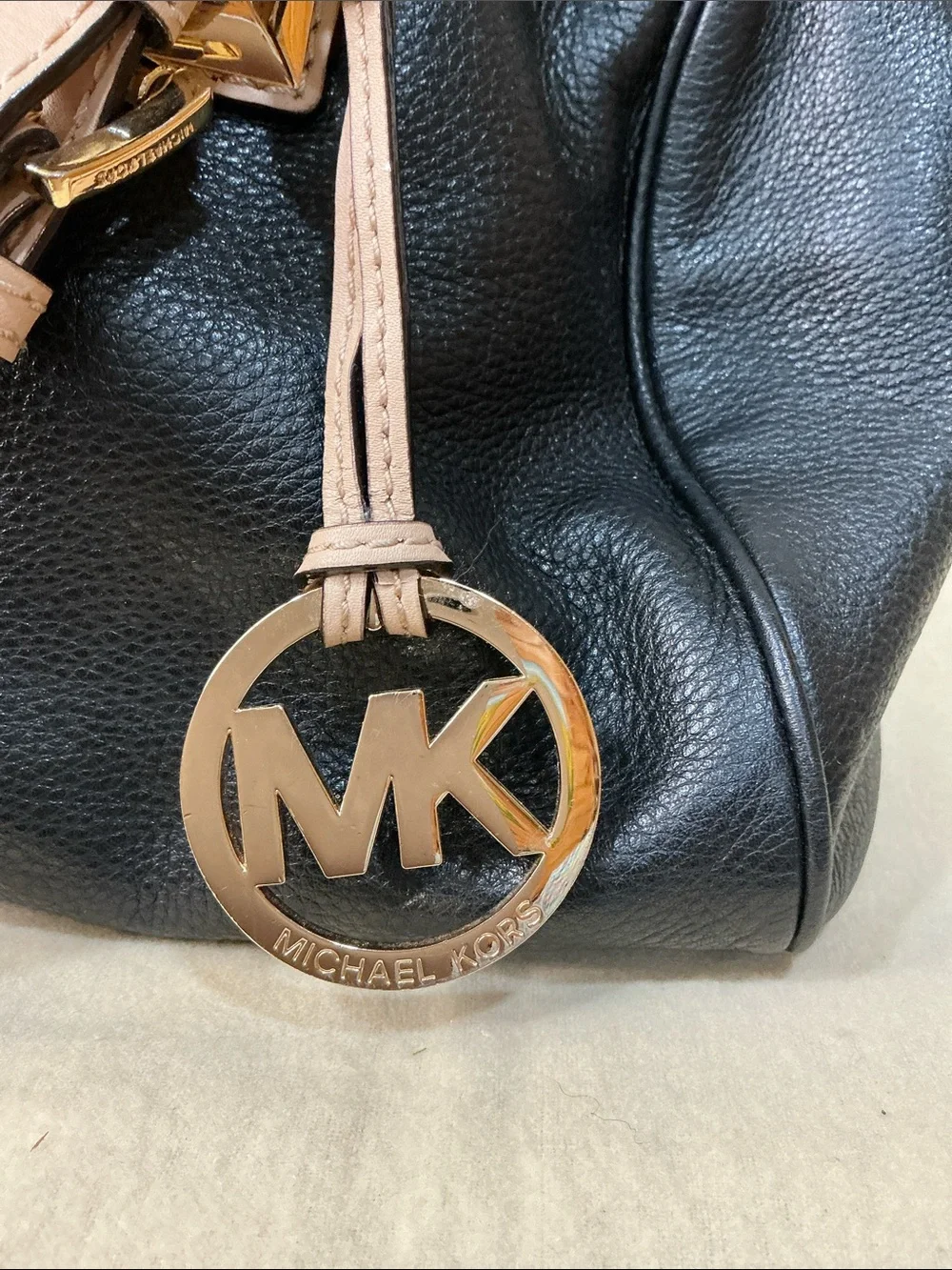 Michael Kors Black Leather Satchel with Blush Trim and Gold Hardware
